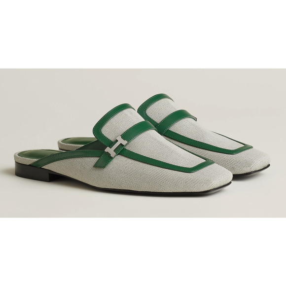 Hermes Groupie Mule Cactus Green Leather Canvas Backless Mule Slide Flat 37 - Picture 3 of 12